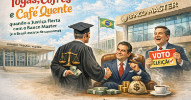 Ilustração satírica com o prédio do STF e a fachada do Banco Master ao fundo, mostrando um juiz de toga apertando a mão de um banqueiro com dinheiro, enquanto um político segura placa de eleição, simbolizando relação entre Judiciário, sistema financeiro e interesses políticos no Brasil.
