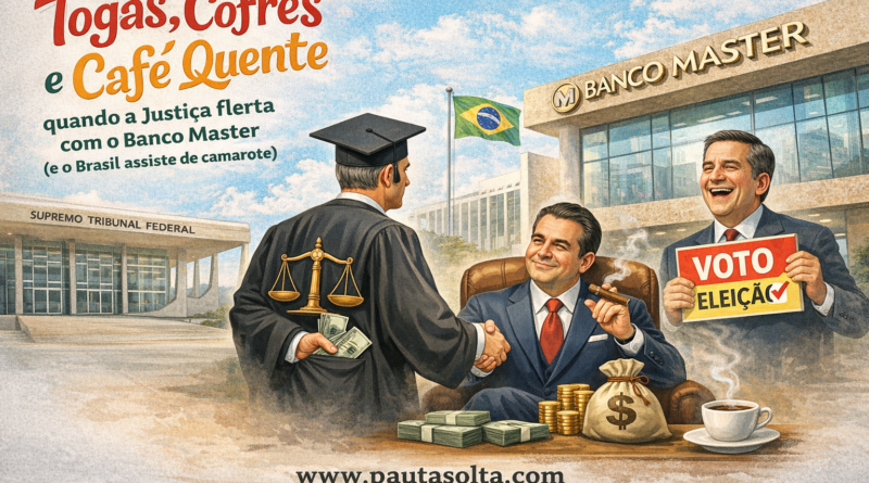 Ilustração satírica com o prédio do STF e a fachada do Banco Master ao fundo, mostrando um juiz de toga apertando a mão de um banqueiro com dinheiro, enquanto um político segura placa de eleição, simbolizando relação entre Judiciário, sistema financeiro e interesses políticos no Brasil.