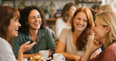 Grupo de mulheres sorrindo e conversando em um café iluminado, com xícaras e biscoitos sobre a mesa, representando conexão, leveza e troca de experiências; no canto superior esquerdo está o título “Liderar, Estressar ou Tomar um Café? Melhor as Três (com Equilíbrio!)” e na parte inferior o site www.pautasolta.com.