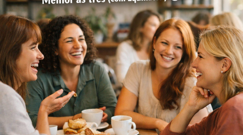 Grupo de mulheres sorrindo e conversando em um café iluminado, com xícaras e biscoitos sobre a mesa, representando conexão, leveza e troca de experiências; no canto superior esquerdo está o título “Liderar, Estressar ou Tomar um Café? Melhor as Três (com Equilíbrio!)” e na parte inferior o site www.pautasolta.com.