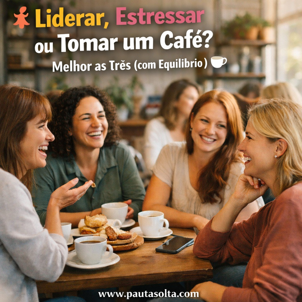 Grupo de mulheres sorrindo e conversando em um café iluminado, com xícaras e biscoitos sobre a mesa, representando conexão, leveza e troca de experiências; no canto superior esquerdo está o título “Liderar, Estressar ou Tomar um Café? Melhor as Três (com Equilíbrio!)” e na parte inferior o site www.pautasolta.com.