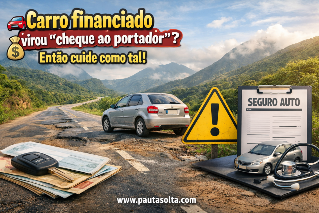 Carro financiado em estrada com buracos nas montanhas capixabas, com elementos de dinheiro e seguro automotivo ao lado, representando o risco e a importância da proteção do veículo.