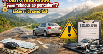 Carro financiado em estrada com buracos nas montanhas capixabas, com elementos de dinheiro e seguro automotivo ao lado, representando o risco e a importância da proteção do veículo.