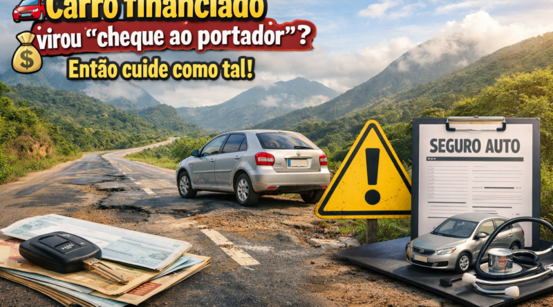 Carro financiado em estrada com buracos nas montanhas capixabas, com elementos de dinheiro e seguro automotivo ao lado, representando o risco e a importância da proteção do veículo.