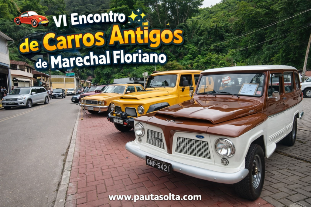 Carros antigos expostos no VI Encontro de Carros Antigos de Marechal Floriano, com modelos clássicos alinhados em rua da cidade e destaque para veículos restaurados em cenário das montanhas capixabas.