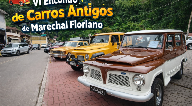 Carros antigos expostos no VI Encontro de Carros Antigos de Marechal Floriano, com modelos clássicos alinhados em rua da cidade e destaque para veículos restaurados em cenário das montanhas capixabas.