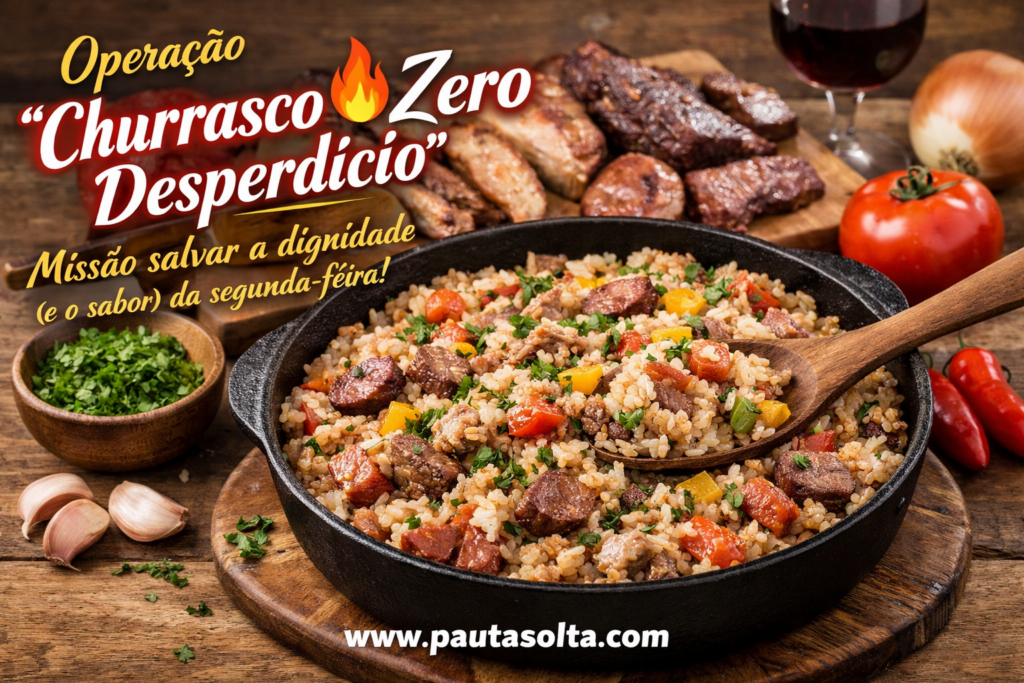 Arroz de carreteiro feito com sobras de churrasco servido em panela rústica, com carnes grelhadas ao fundo, representando reaproveitamento de alimentos com sabor e criatividade no pós-Páscoa.