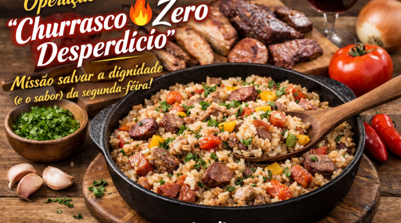 Arroz de carreteiro feito com sobras de churrasco servido em panela rústica, com carnes grelhadas ao fundo, representando reaproveitamento de alimentos com sabor e criatividade no pós-Páscoa.
