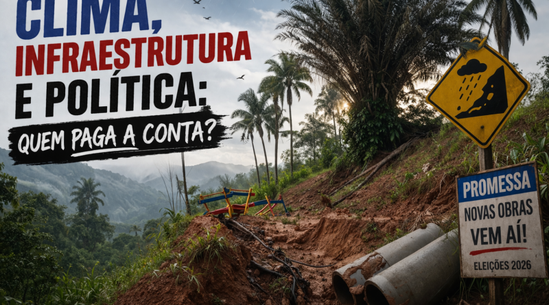 Erosão em encosta nas montanhas capixabas após chuva intensa, com tubulações expostas e solo comprometido, ilustrando os impactos do clima e da infraestrutura no Espírito Santo.