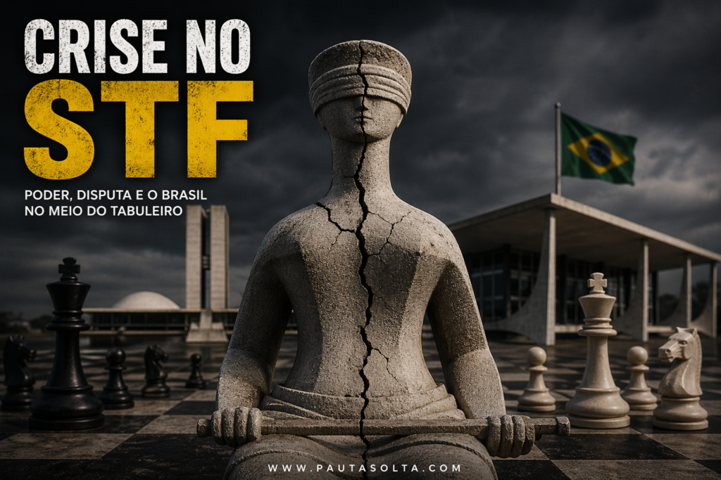 Estátua da Justiça rachada ao meio sobre um tabuleiro de xadrez em frente ao STF, com céu carregado e peças espalhadas, simbolizando crise institucional e disputa de poder no Brasil.