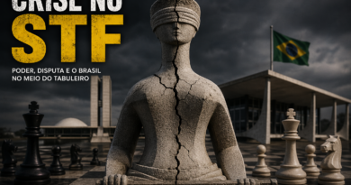 Estátua da Justiça rachada ao meio sobre um tabuleiro de xadrez em frente ao STF, com céu carregado e peças espalhadas, simbolizando crise institucional e disputa de poder no Brasil.