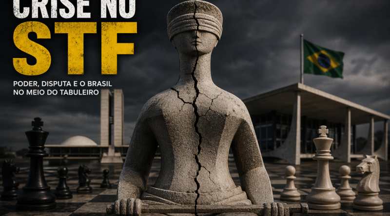 Estátua da Justiça rachada ao meio sobre um tabuleiro de xadrez em frente ao STF, com céu carregado e peças espalhadas, simbolizando crise institucional e disputa de poder no Brasil.