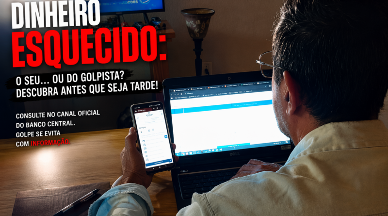 Homem consultando possível dinheiro esquecido a receber pelo celular enquanto usa notebook, em ambiente doméstico, ilustrando alerta sobre golpes financeiros e consulta segura no Banco Central.