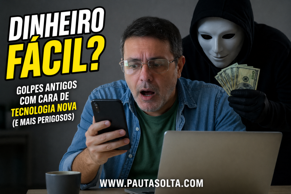 Homem com expressão de desespero olhando o celular enquanto trabalha no notebook, sendo observado por uma figura mascarada segurando dinheiro, representando o golpe do dinheiro fácil com uso de tecnologia.