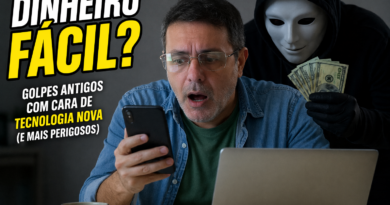 Homem com expressão de desespero olhando o celular enquanto trabalha no notebook, sendo observado por uma figura mascarada segurando dinheiro, representando o golpe do dinheiro fácil com uso de tecnologia.
