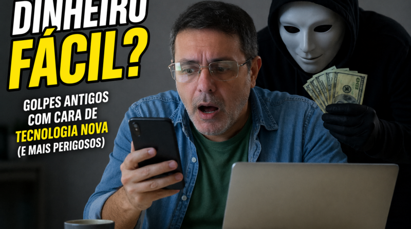 Homem com expressão de desespero olhando o celular enquanto trabalha no notebook, sendo observado por uma figura mascarada segurando dinheiro, representando o golpe do dinheiro fácil com uso de tecnologia.