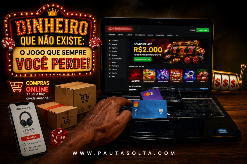 Homem usando vários cartões de crédito em um notebook com site de apostas e compras online aberto, cercado por caixas de delivery e elementos de cassino, simbolizando o consumo digital e o endividamento crescente.