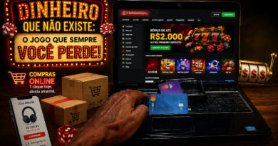 Homem usando vários cartões de crédito em um notebook com site de apostas e compras online aberto, cercado por caixas de delivery e elementos de cassino, simbolizando o consumo digital e o endividamento crescente.