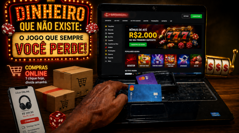 Homem usando vários cartões de crédito em um notebook com site de apostas e compras online aberto, cercado por caixas de delivery e elementos de cassino, simbolizando o consumo digital e o endividamento crescente.