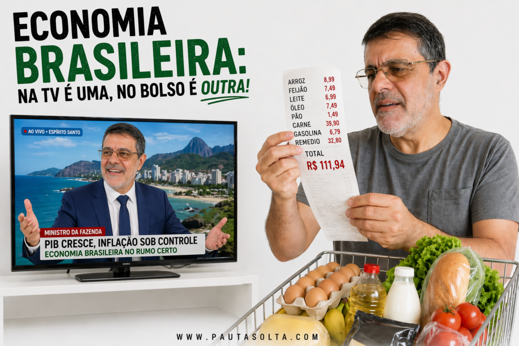 Homem observa um telejornal onde o ministro da Fazenda aparece dentro da televisão anunciando crescimento da economia, enquanto o mesmo homem, do outro lado, encara preocupado uma nota de supermercado com preços elevados, ao lado de um carrinho cheio de itens básicos.