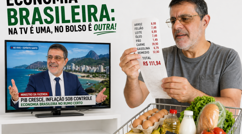 Homem observa um telejornal onde o ministro da Fazenda aparece dentro da televisão anunciando crescimento da economia, enquanto o mesmo homem, do outro lado, encara preocupado uma nota de supermercado com preços elevados, ao lado de um carrinho cheio de itens básicos.