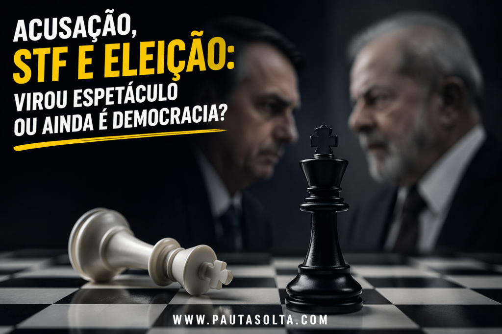 Cena simbólica de xadrez representando disputa política no Brasil, com rei branco caído e rei preto em pé sobre o tabuleiro, enquanto dois homens ao fundo se encaram, ilustrando a investigação contra Flávio Bolsonaro, o STF e o embate político envolvendo Lula.