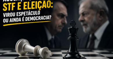 Cena simbólica de xadrez representando disputa política no Brasil, com rei branco caído e rei preto em pé sobre o tabuleiro, enquanto dois homens ao fundo se encaram, ilustrando a investigação contra Flávio Bolsonaro, o STF e o embate político envolvendo Lula.