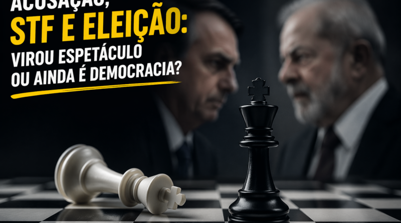 Cena simbólica de xadrez representando disputa política no Brasil, com rei branco caído e rei preto em pé sobre o tabuleiro, enquanto dois homens ao fundo se encaram, ilustrando a investigação contra Flávio Bolsonaro, o STF e o embate político envolvendo Lula.