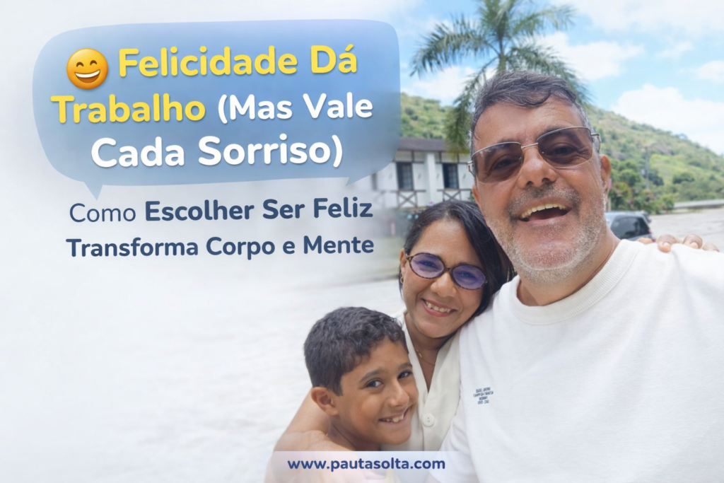 Família sorrindo em cenário das montanhas capixabas, representando felicidade no cotidiano e a escolha consciente de ser feliz, tema do artigo sobre bem-estar e mente saudável.