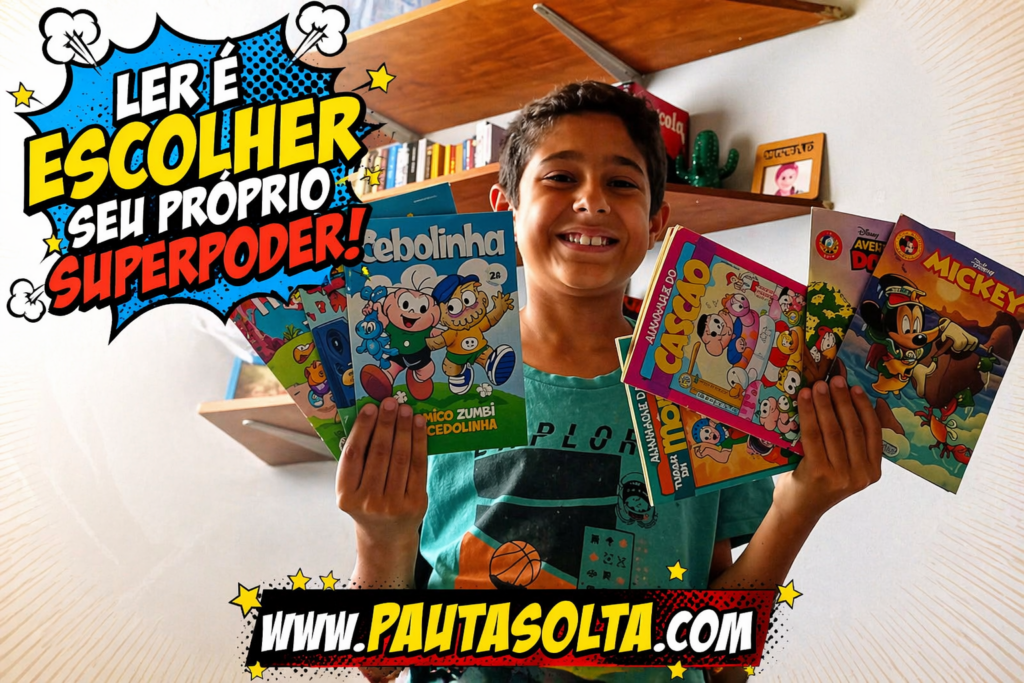 Menino sorridente segura vários gibis coloridos, como Cebolinha e Mickey, em um ambiente doméstico com estante de livros ao fundo, destacando o hábito da leitura infantil e o contato inicial com revistas em quadrinhos.