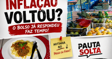 Montagem com feira livre cheia de frutas e legumes e um prato simples de macarrão com molho, acompanhada de título “Inflação voltou?” em estilo de notinha no prego do fiado, representando o impacto do aumento dos preços no dia a dia do brasileiro.