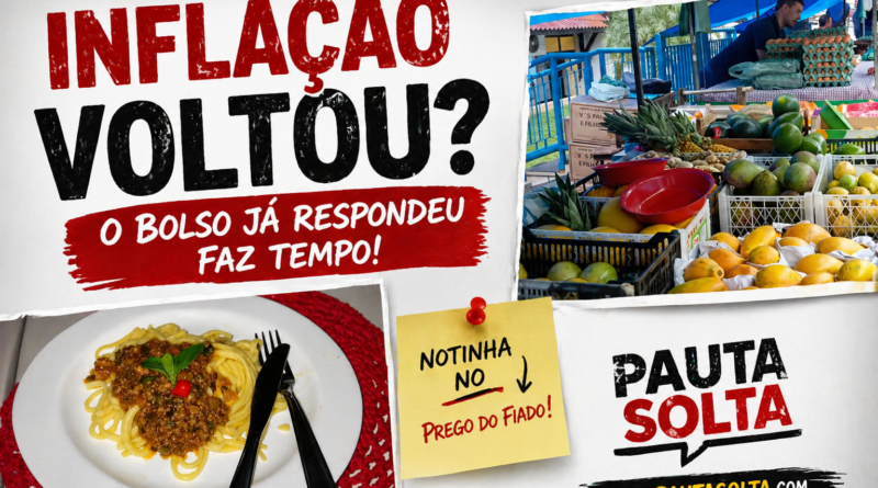 Montagem com feira livre cheia de frutas e legumes e um prato simples de macarrão com molho, acompanhada de título “Inflação voltou?” em estilo de notinha no prego do fiado, representando o impacto do aumento dos preços no dia a dia do brasileiro.