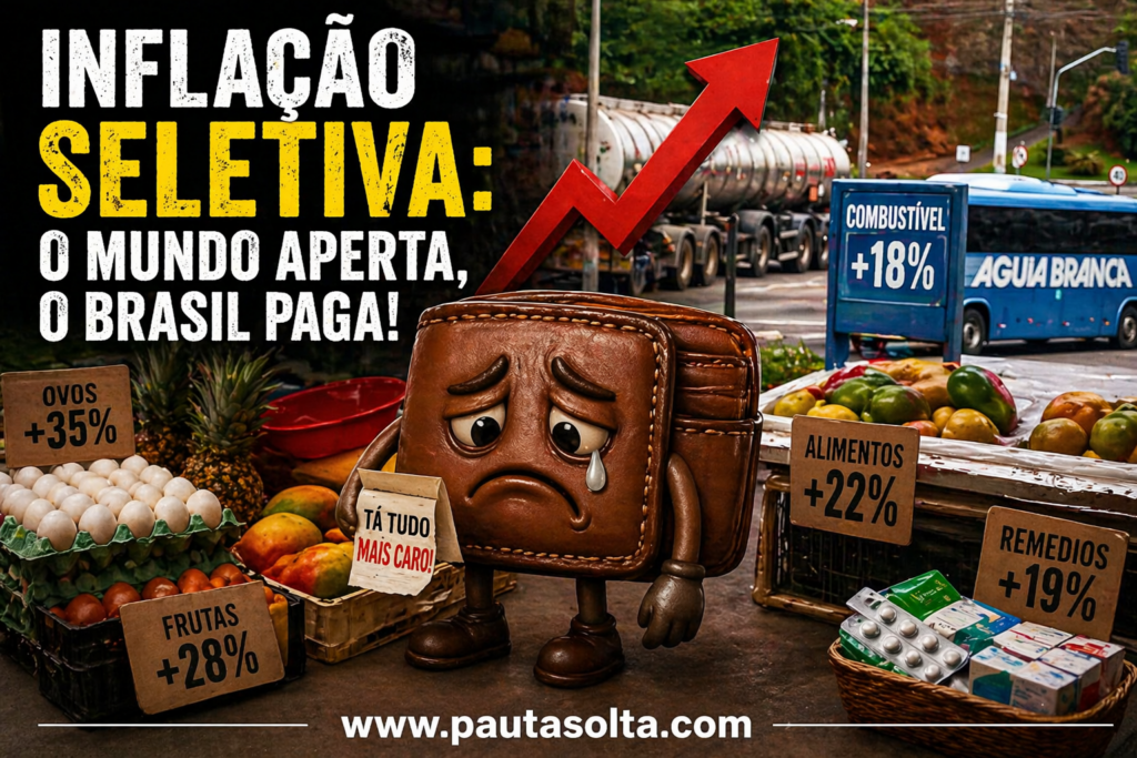 Montagem editorial mostra uma carteira triste cercada por alimentos, ovos, frutas e medicamentos com placas de aumento de preços, além de caminhão de combustível ao fundo, simbolizando a inflação seletiva e o impacto direto no custo de vida no Brasil.