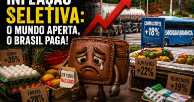 Montagem editorial mostra uma carteira triste cercada por alimentos, ovos, frutas e medicamentos com placas de aumento de preços, além de caminhão de combustível ao fundo, simbolizando a inflação seletiva e o impacto direto no custo de vida no Brasil.