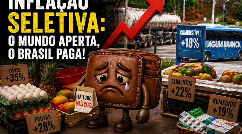 Montagem editorial mostra uma carteira triste cercada por alimentos, ovos, frutas e medicamentos com placas de aumento de preços, além de caminhão de combustível ao fundo, simbolizando a inflação seletiva e o impacto direto no custo de vida no Brasil.