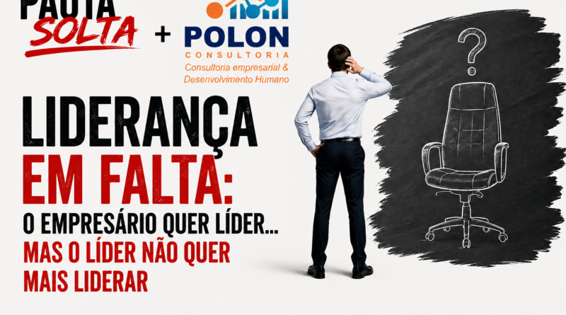 Homem de costas, em ambiente claro e minimalista, observa uma cadeira vazia desenhada como quadro negro com ponto de interrogação, simbolizando a falta de liderança nas empresas; ao lado, o título “Liderança em falta” em destaque e o site www.pautasolta.com na base.