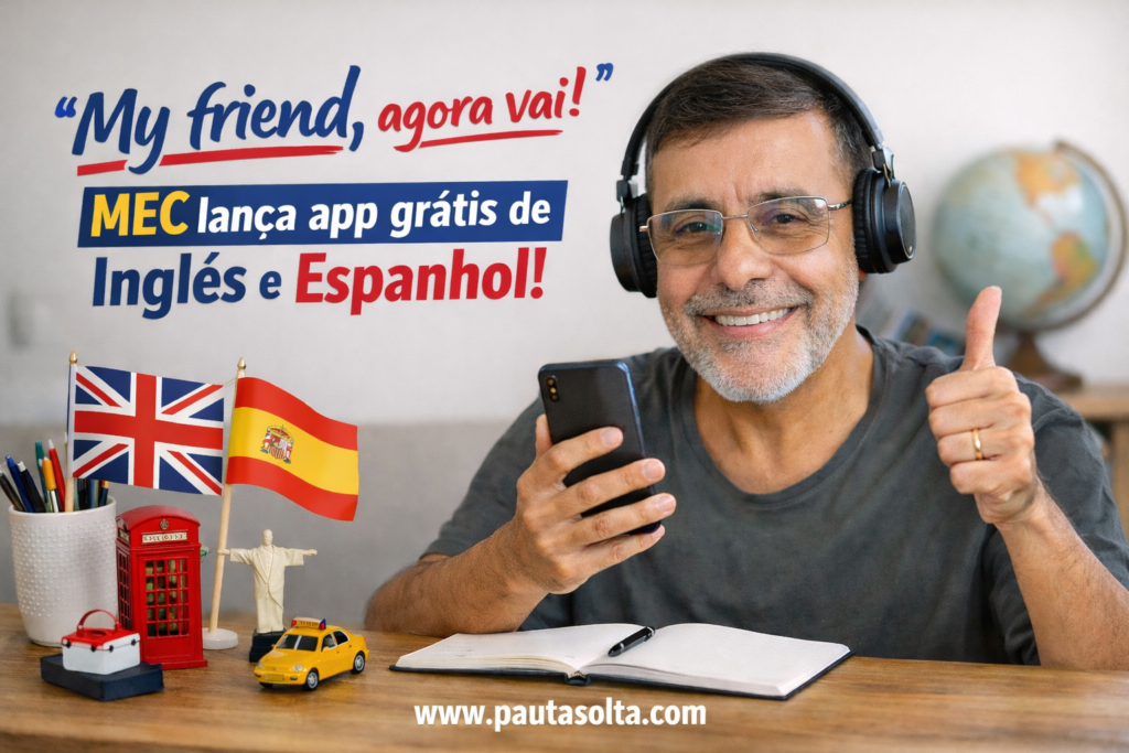 Homem brasileiro de meia-idade usando fones de ouvido e sorrindo enquanto segura um celular e faz sinal positivo, estudando inglês e espanhol pelo app MEC Idiomas, com bandeiras dos idiomas ao fundo e elementos educativos sobre a mesa.