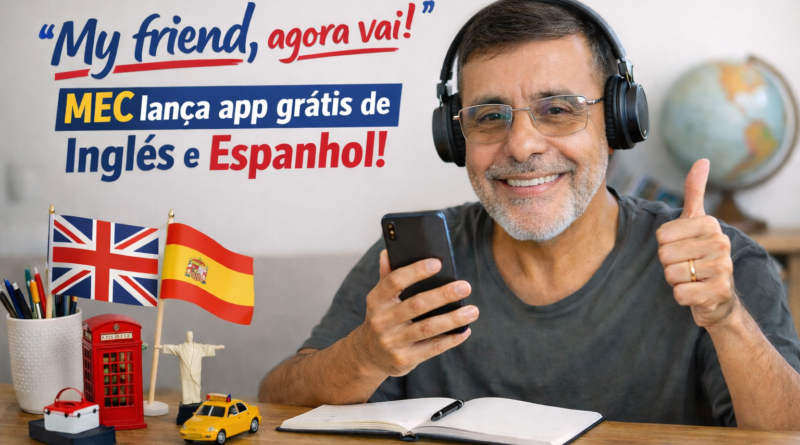 Homem brasileiro de meia-idade usando fones de ouvido e sorrindo enquanto segura um celular e faz sinal positivo, estudando inglês e espanhol pelo app MEC Idiomas, com bandeiras dos idiomas ao fundo e elementos educativos sobre a mesa.