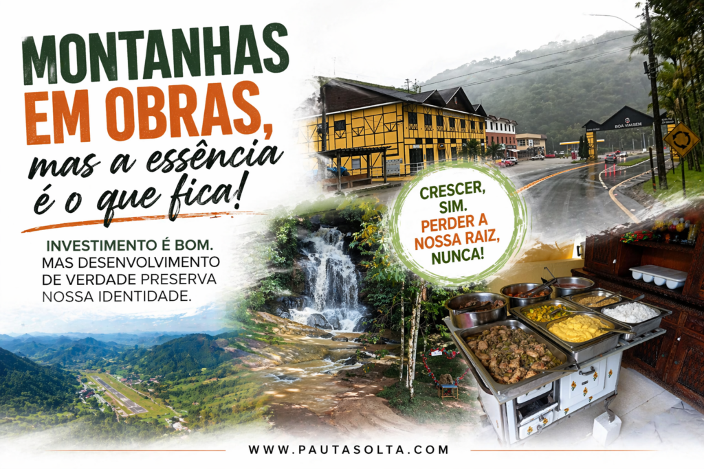 Montagem fotográfica das Montanhas Capixabas mostrando cachoeira em meio à mata, estrada asfaltada em região serrana com arquitetura típica, comida caseira em fogão a lenha e vista aérea da região, representando o contraste entre obras de infraestrutura, crescimento econômico e preservação da identidade cultural e do turismo rural no Espírito Santo.