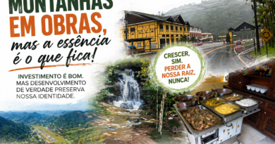 Montagem fotográfica das Montanhas Capixabas mostrando cachoeira em meio à mata, estrada asfaltada em região serrana com arquitetura típica, comida caseira em fogão a lenha e vista aérea da região, representando o contraste entre obras de infraestrutura, crescimento econômico e preservação da identidade cultural e do turismo rural no Espírito Santo.
