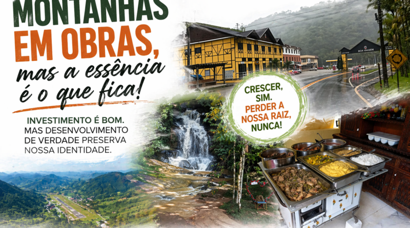 Montagem fotográfica das Montanhas Capixabas mostrando cachoeira em meio à mata, estrada asfaltada em região serrana com arquitetura típica, comida caseira em fogão a lenha e vista aérea da região, representando o contraste entre obras de infraestrutura, crescimento econômico e preservação da identidade cultural e do turismo rural no Espírito Santo.