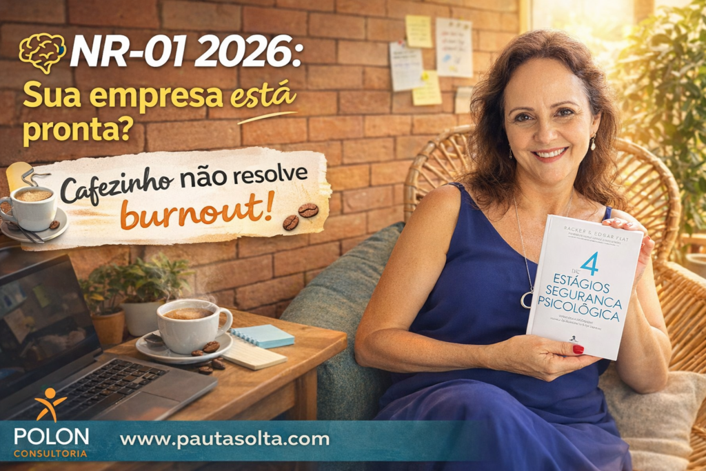 Psicóloga organizacional Jovaneide Polon segura livro sobre segurança psicológica em ambiente profissional, em imagem promocional sobre NR-01 2026 e riscos psicossociais no trabalho.
