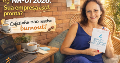 Psicóloga organizacional Jovaneide Polon segura livro sobre segurança psicológica em ambiente profissional, em imagem promocional sobre NR-01 2026 e riscos psicossociais no trabalho.