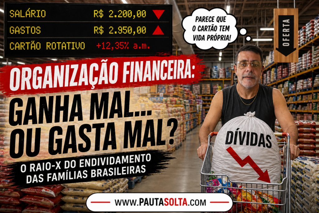 Homem em um supermercado empurrando carrinho com um grande saco escrito “dívidas”, em meio a prateleiras cheias, com gráficos simulando queda financeira e chamadas sobre organização financeira e endividamento das famílias brasileiras.
