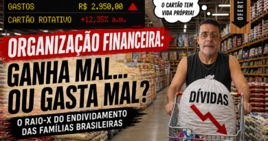 Homem em um supermercado empurrando carrinho com um grande saco escrito “dívidas”, em meio a prateleiras cheias, com gráficos simulando queda financeira e chamadas sobre organização financeira e endividamento das famílias brasileiras.