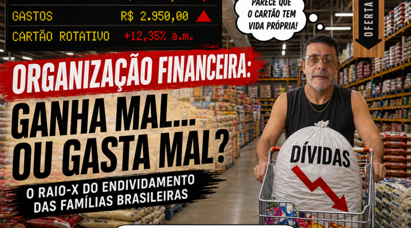 Homem em um supermercado empurrando carrinho com um grande saco escrito “dívidas”, em meio a prateleiras cheias, com gráficos simulando queda financeira e chamadas sobre organização financeira e endividamento das famílias brasileiras.