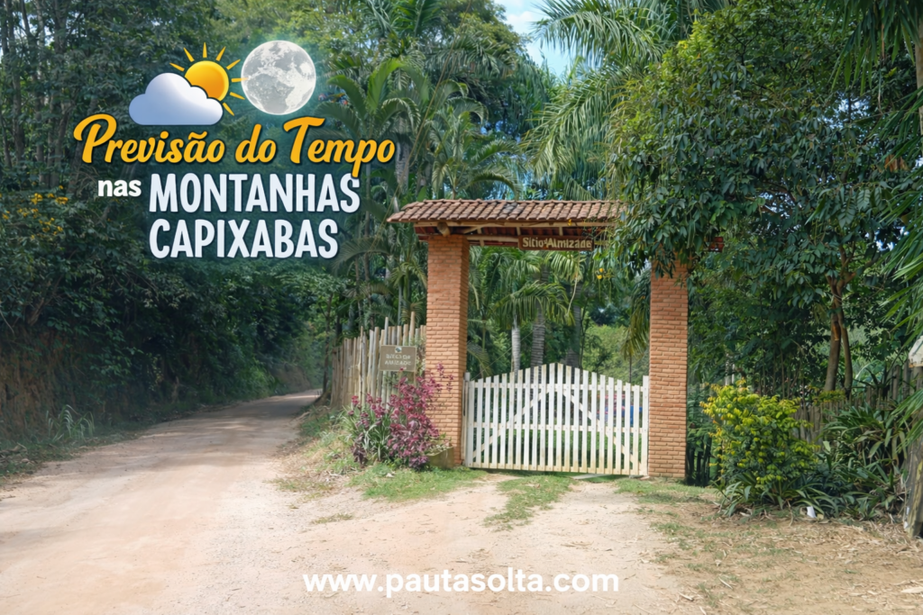 Entrada de sítio nas montanhas capixabas em dia de sol, com vegetação tropical e estrada de terra, ilustrando a previsão do tempo na região com clima agradável e céu parcialmente nublado.