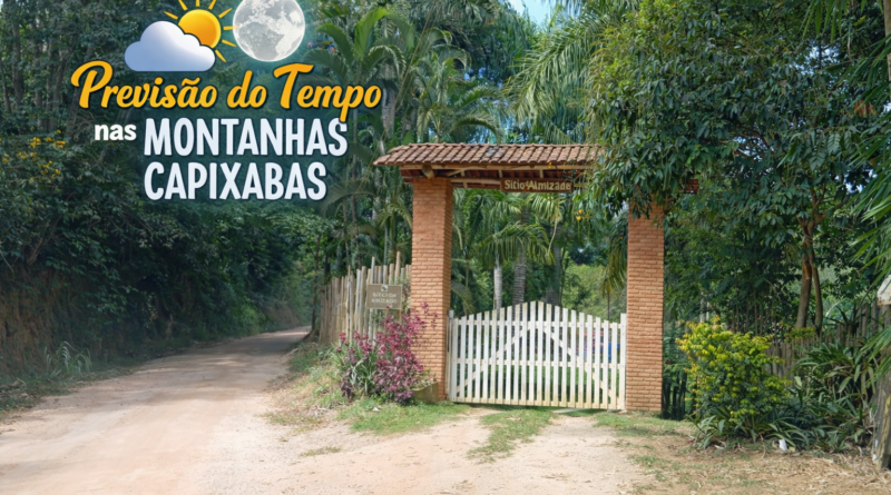 Entrada de sítio nas montanhas capixabas em dia de sol, com vegetação tropical e estrada de terra, ilustrando a previsão do tempo na região com clima agradável e céu parcialmente nublado.
