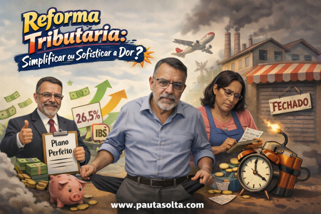 Reforma tributária no Brasil ilustrada com contraste entre discurso político otimista e realidade econômica, mostrando impacto no bolso da população com aumento de impostos, comércio fechado e preocupação financeira.