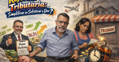 Reforma tributária no Brasil ilustrada com contraste entre discurso político otimista e realidade econômica, mostrando impacto no bolso da população com aumento de impostos, comércio fechado e preocupação financeira.
